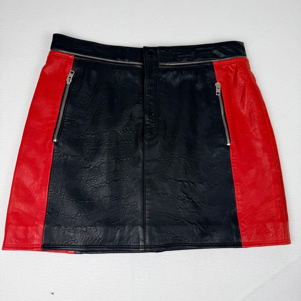 Topshop Genuine Leather Red Black Moto Mini Skirt Y2K Colorblock US 10